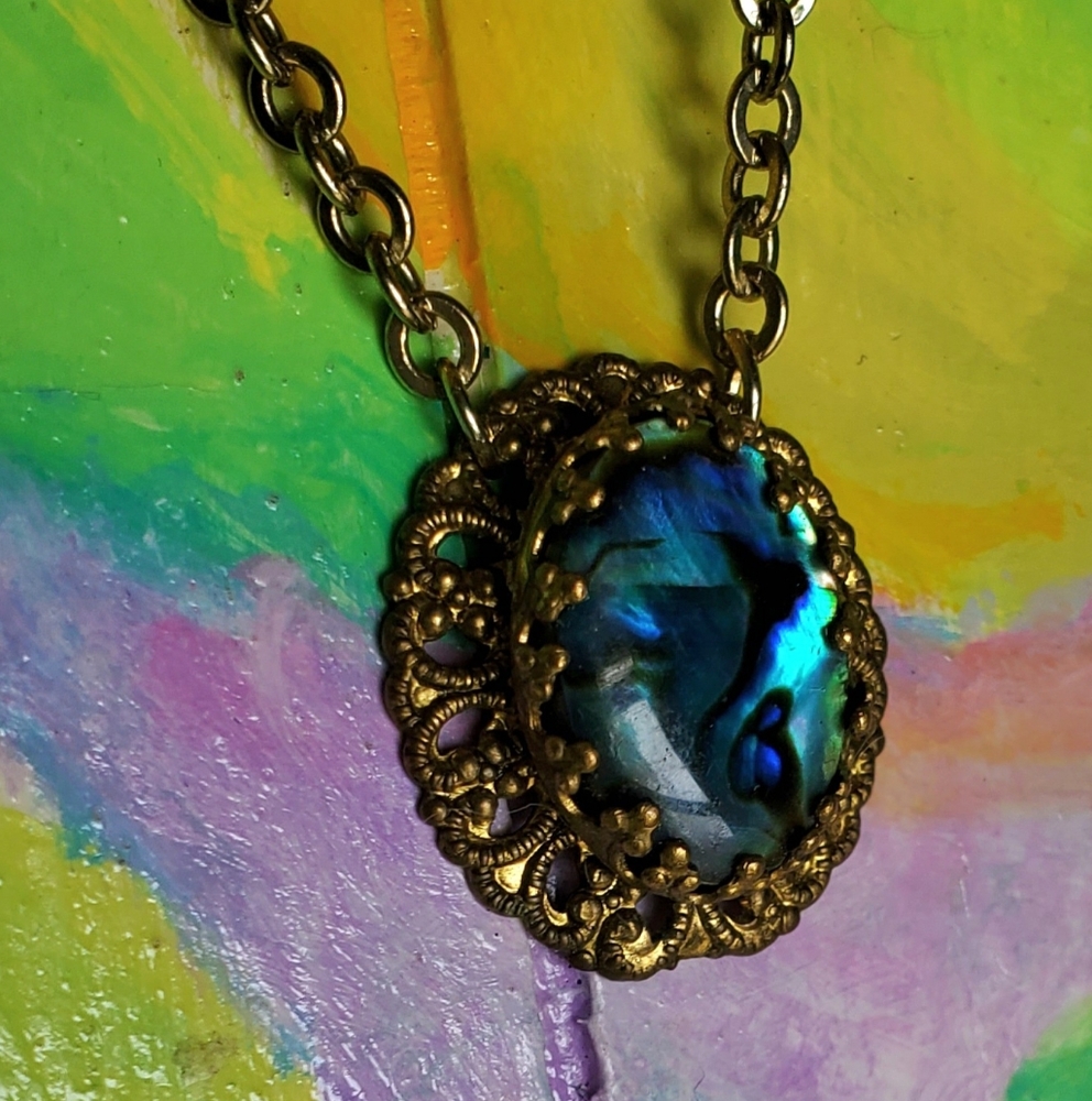 Antique Abalone Necklace Ornate Brass True Boho Style